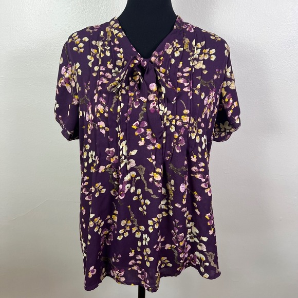 Lands' End Tops - Lands End Womens Purple Floral Tie Neck Pleated Short Sleeve Blouse, Size 16